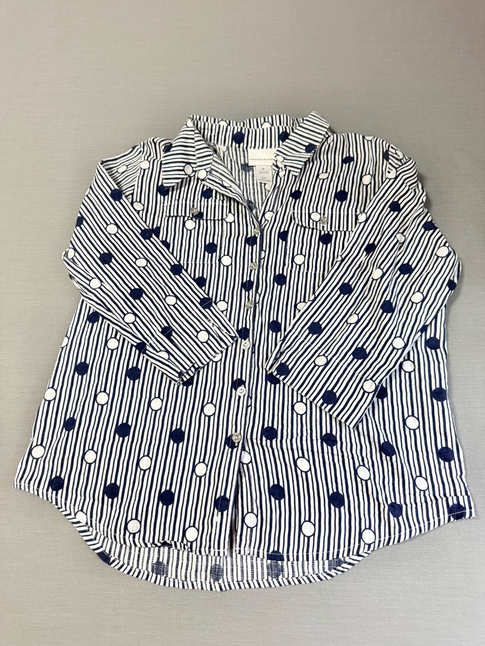Alfred Dunner  Stripe Polka Dot Button Down Blouse Navy White 3/4 Sleeve M